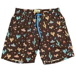 Tipsy Elves Swim Trunks Mens Large Black Fiesta Cactus Print Lined Elastic Waist